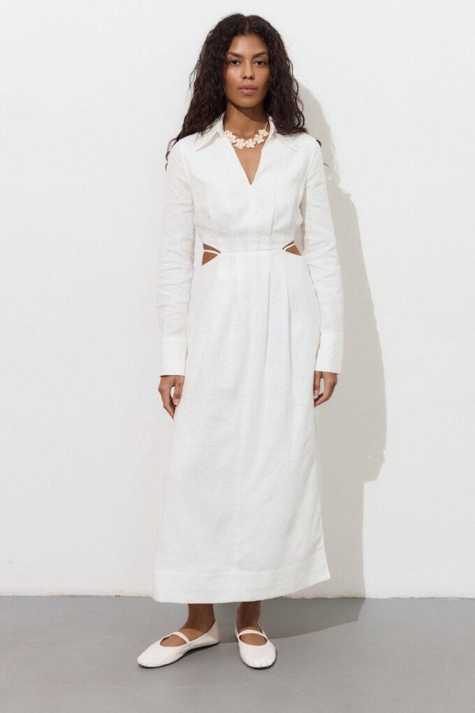 Сукня міді з декоративною талією із льону молочна фото 4