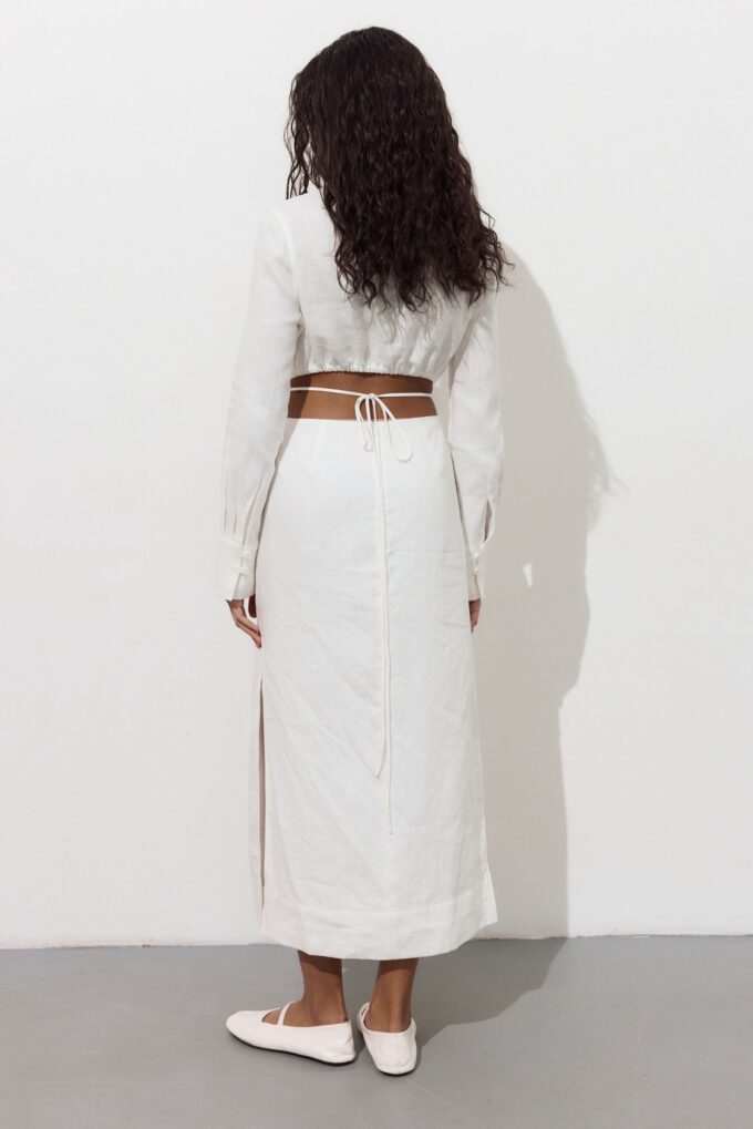 Linen midi dress with decorative waist in milk photo 5