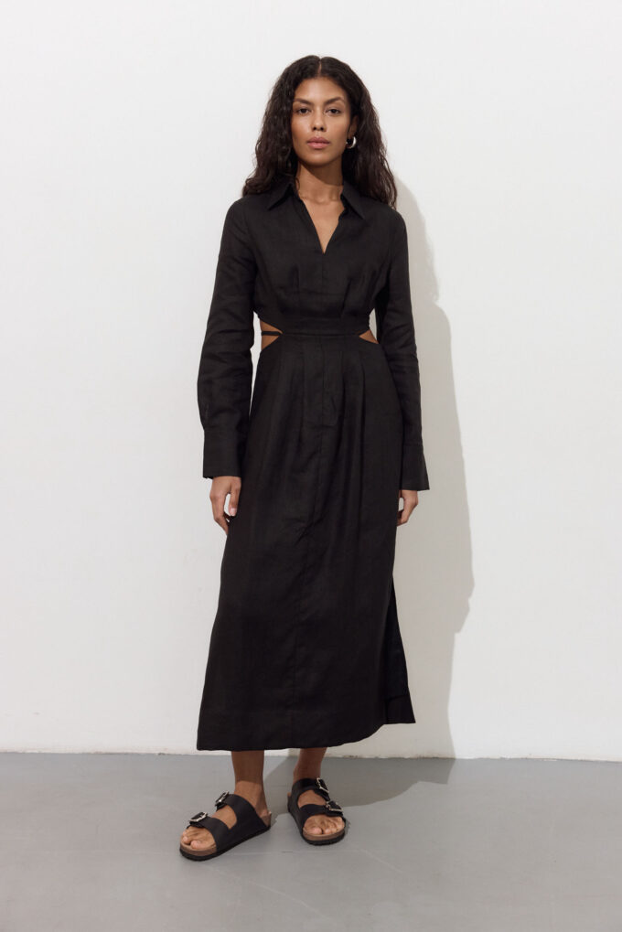 Linen midi dress with decorative waist in black photo 4