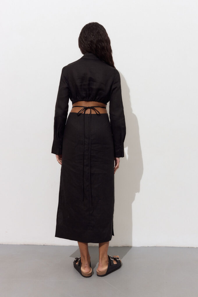 Linen midi dress with decorative waist in black photo 5