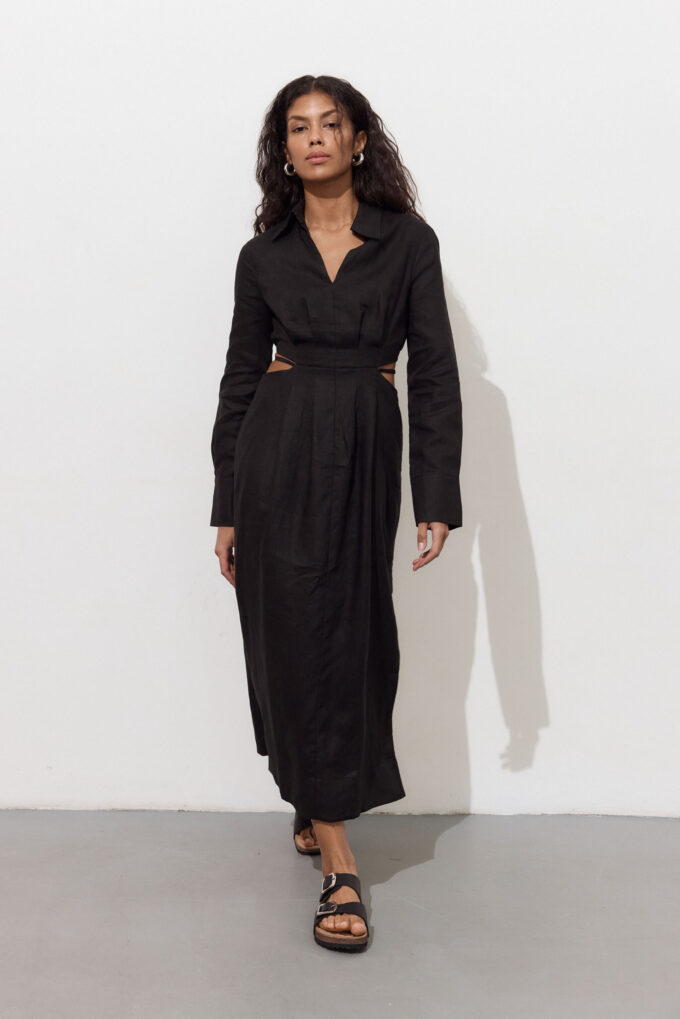Linen midi dress with decorative waist in black photo 2