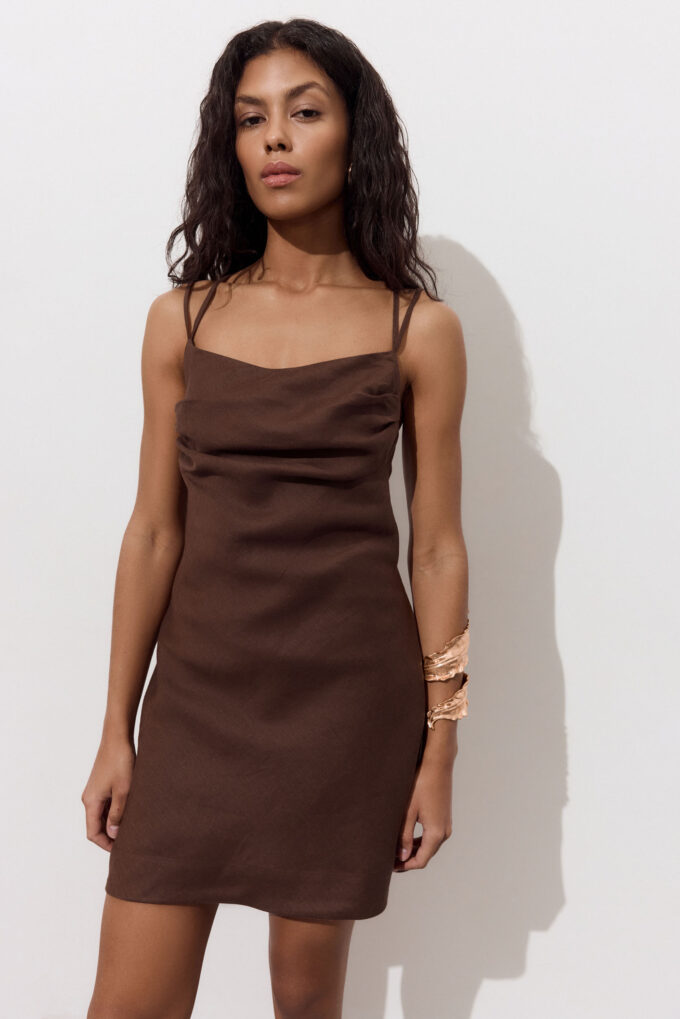 Сукня міні з драпіруванням з льону шоколадна - THE LACE
