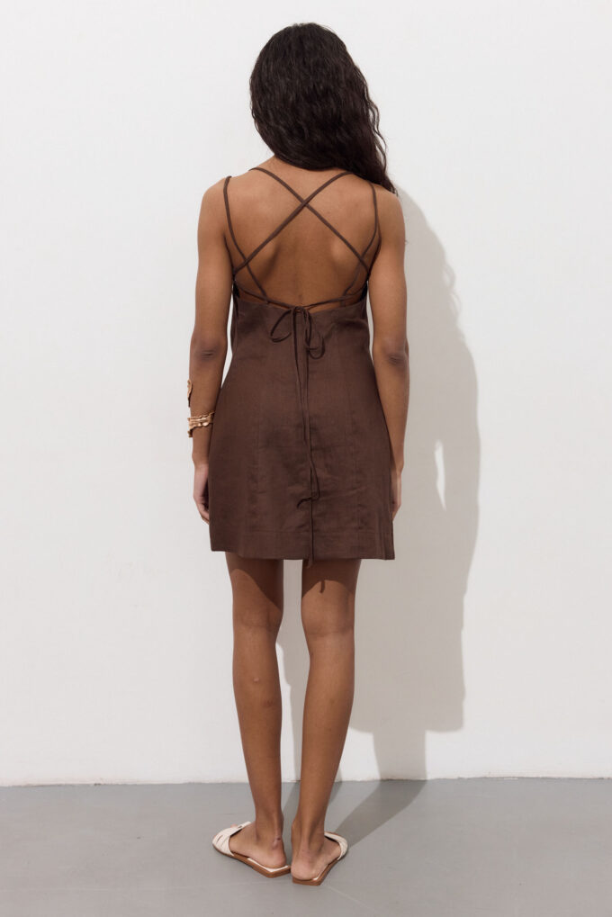 Linen mini dress with drapery in chocolate photo 3