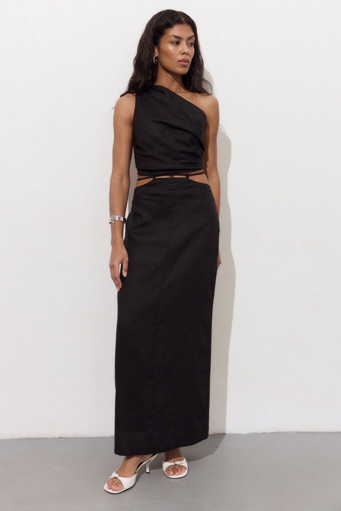 Midi skirt with linen ties in black photo 3