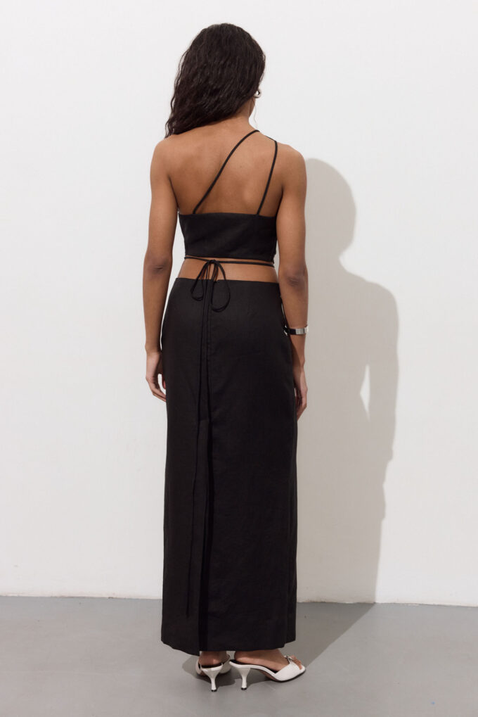 Midi skirt with linen ties in black photo 4