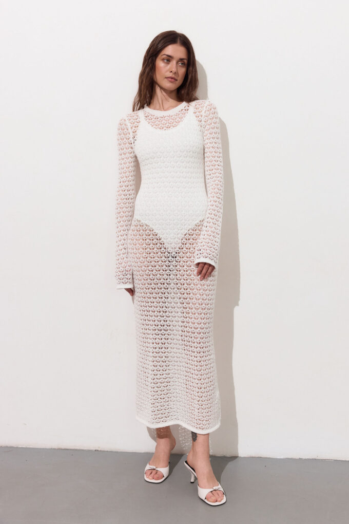 Knitted midi dress with openwork in milk photo 4