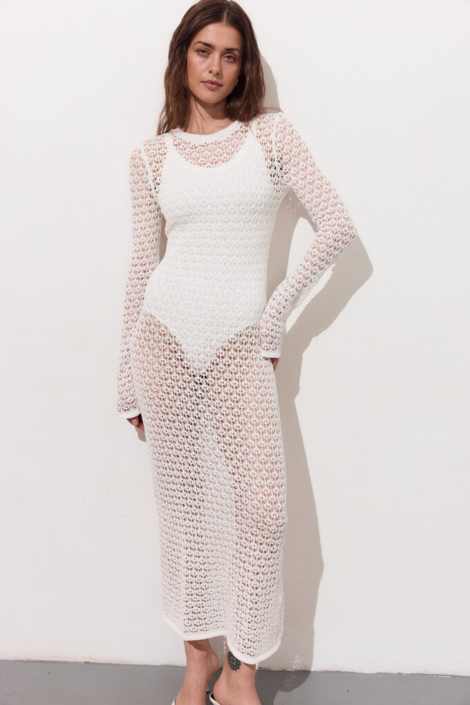 Knitted midi dress with openwork in milk photo 3
