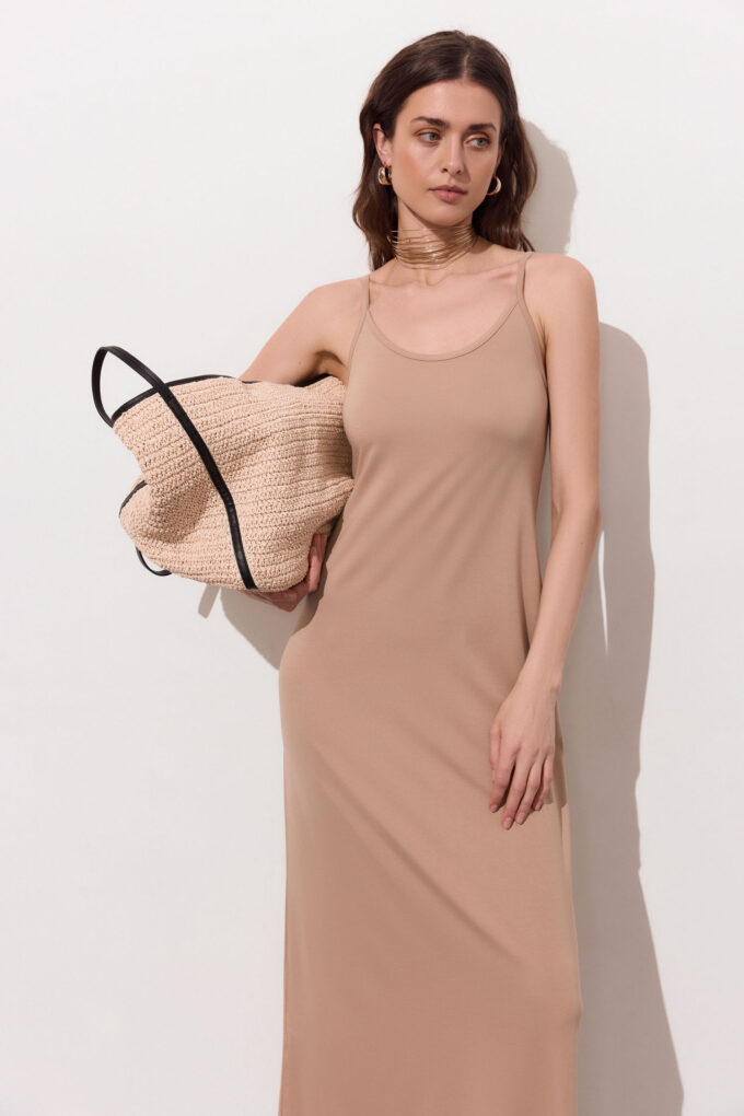 Beige knitted midi sundress with thin straps photo 2