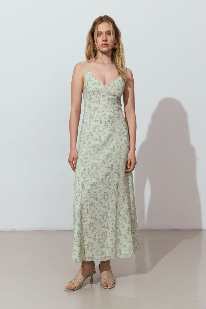 Pistachio midi chiffon dress with print and thin straps photo 4