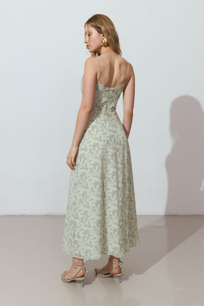 Pistachio midi chiffon dress with print and thin straps photo 3