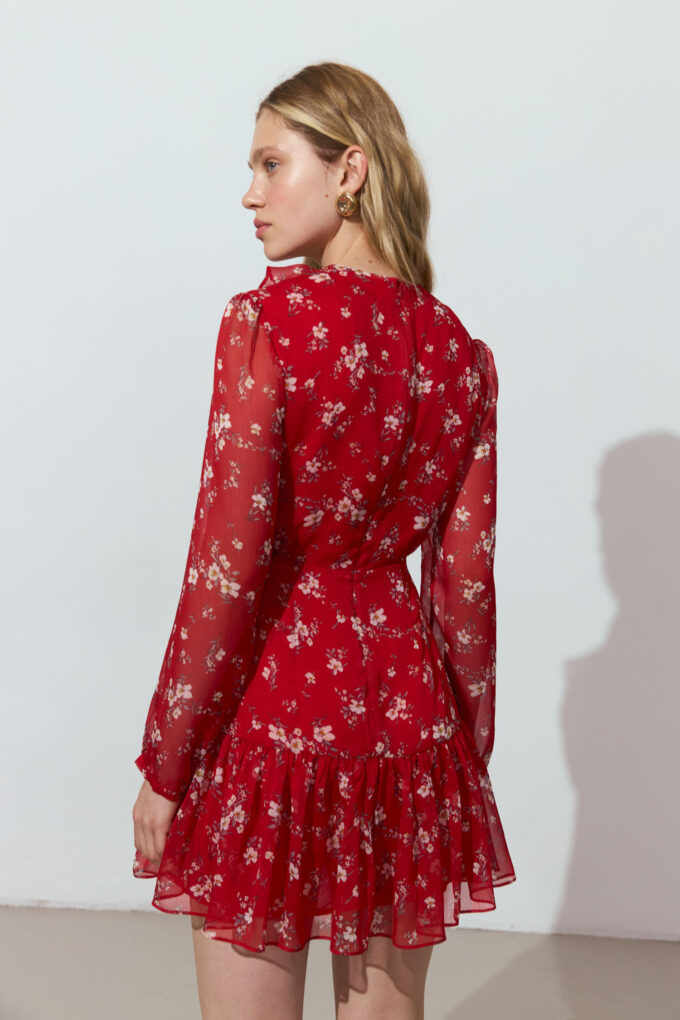 Сукня міні шифонова з воланами червона фото 3