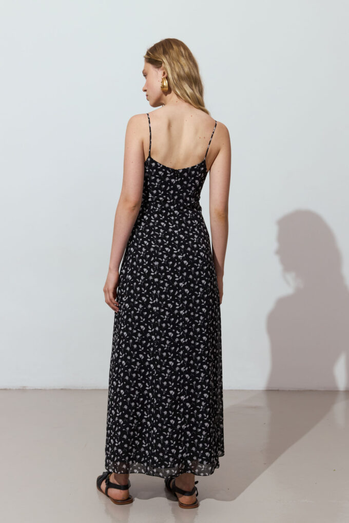Black maxi chiffon dress with print and thin straps photo 3