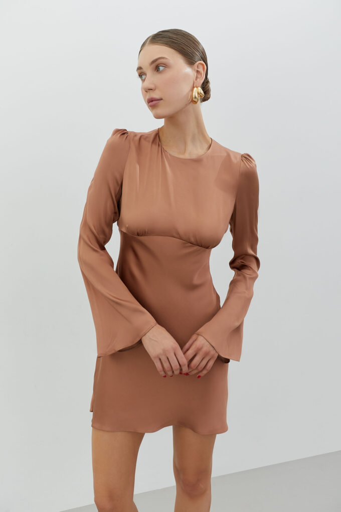 Сукня міні з віскози та фігурним вирізом бронзова фото 3