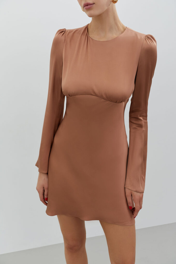 Сукня міні з віскози та фігурним вирізом бронзова фото 4