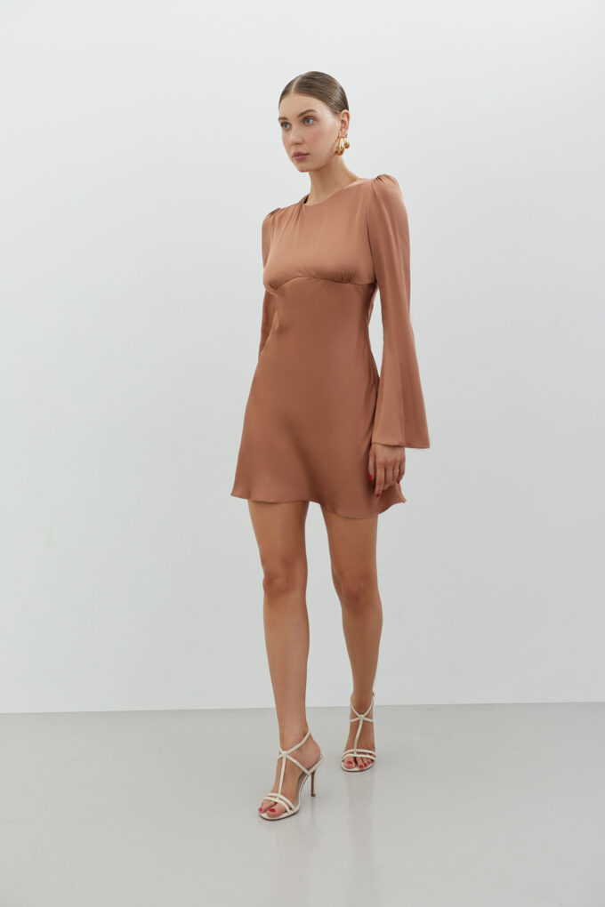 Сукня міні з віскози та фігурним вирізом бронзова фото 2