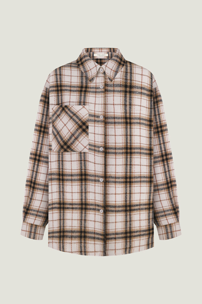 Сheckered warmed shirt with a patch pocket in beige color photo 5