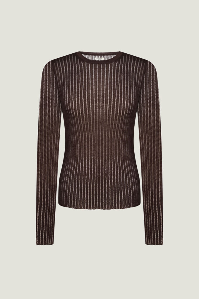 Translucent knitted crew neck jumper in chocolate photo 5