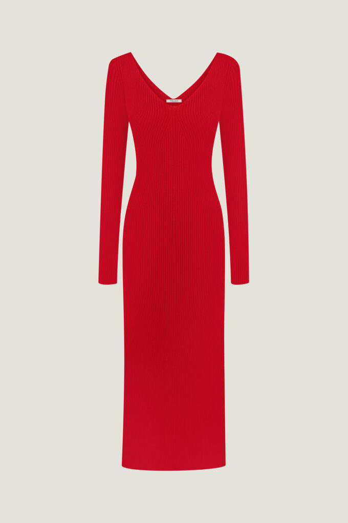 Knitted maxi dress with V-neck in red photo 6