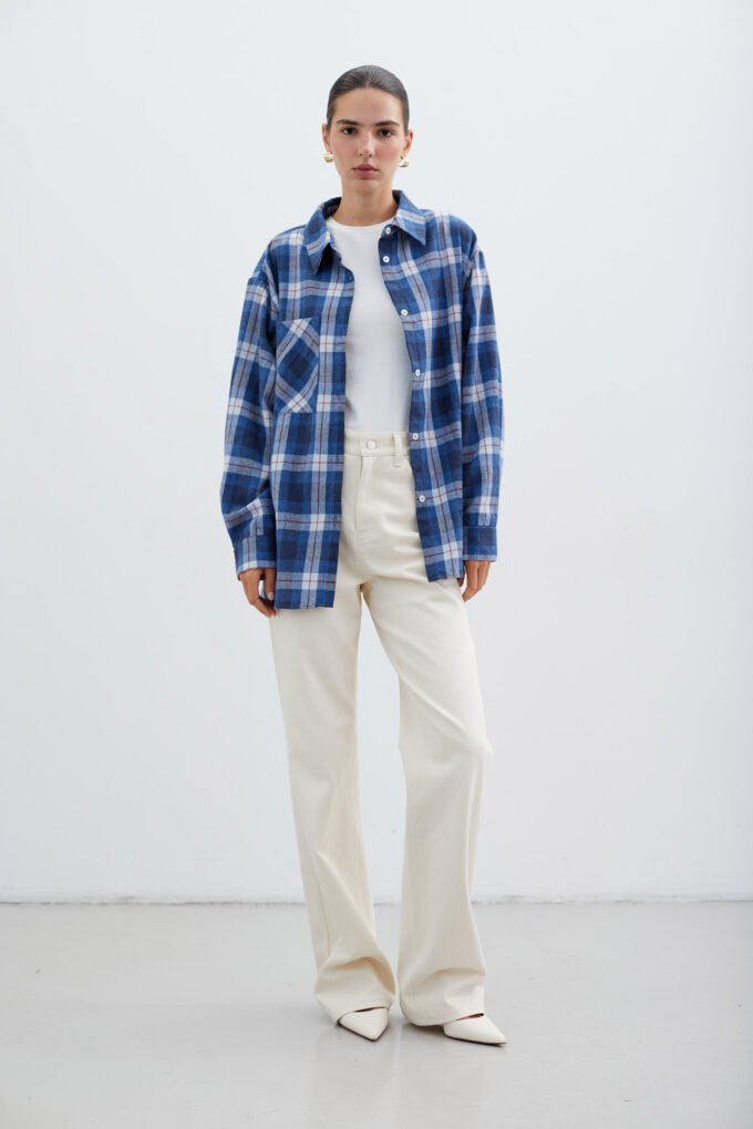 Blue shirt with patch pocket in a white check photo 2