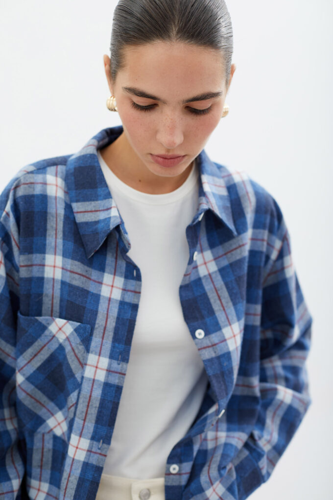 Blue shirt with patch pocket in a white check photo 4