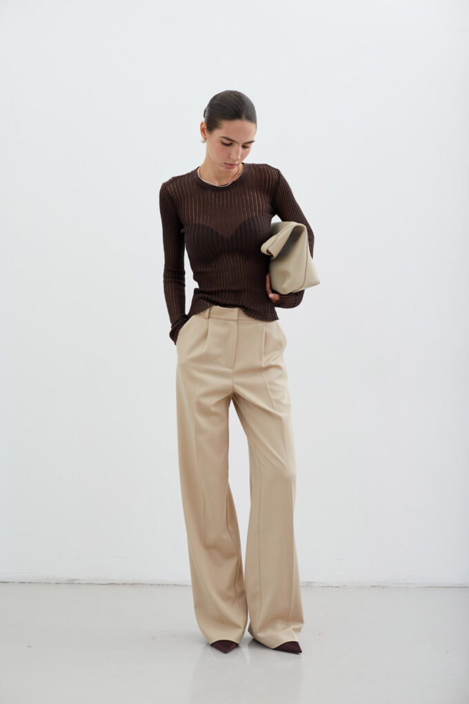 Translucent knitted crew neck jumper in chocolate photo 2