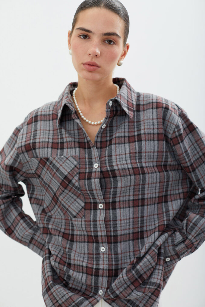 Gray shirt with patch pocket in a red check photo 4