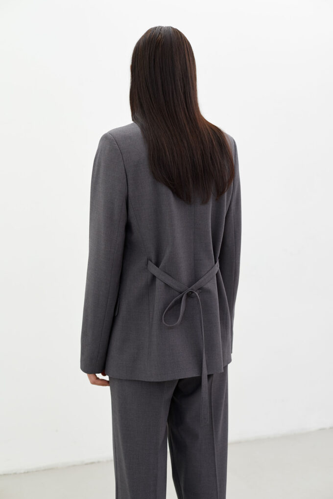 Single-breasted woolen jacket with a belt in dark gray photo 3