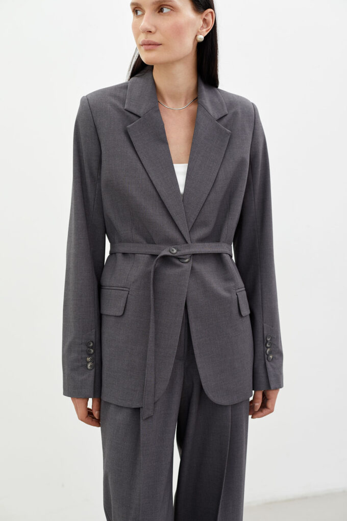 Single-breasted woolen jacket with a belt in dark gray photo 2