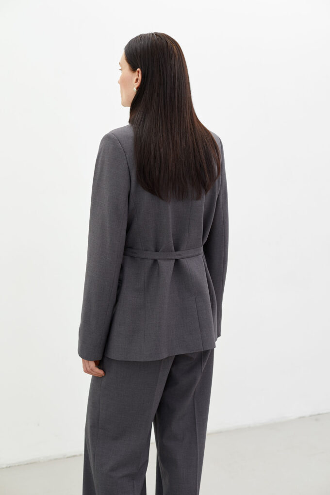 Single-breasted woolen jacket with a belt in dark gray photo 5