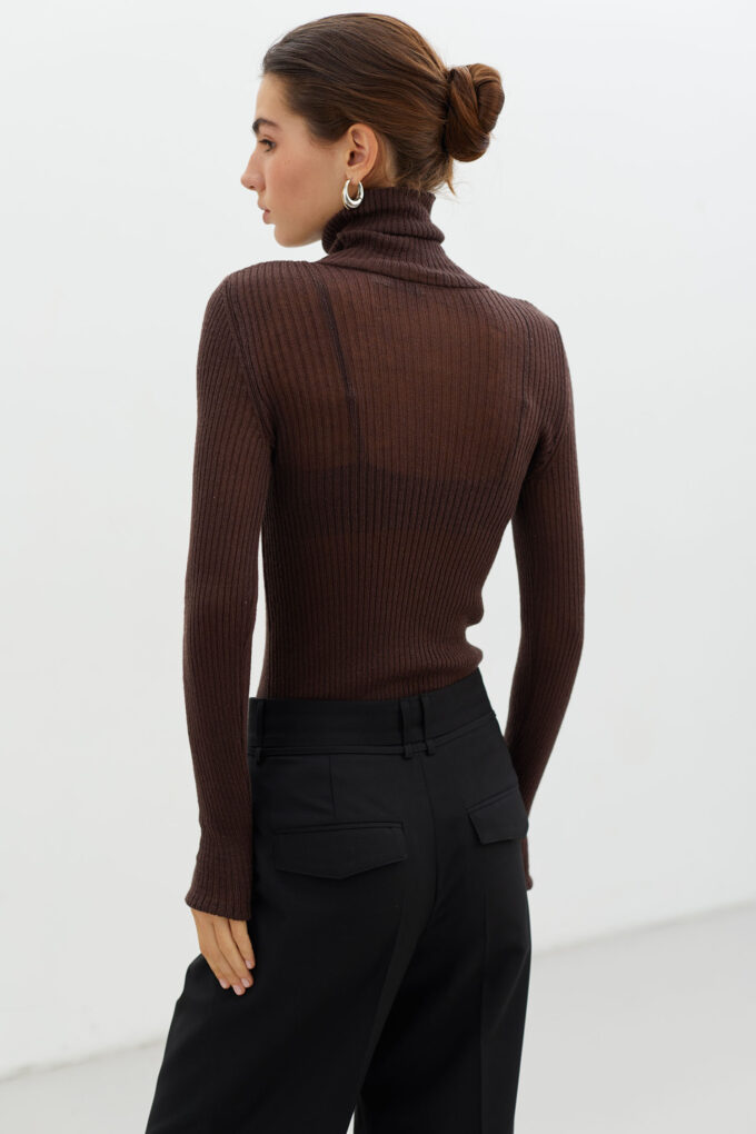 Thin ribbed turtleneck in chocolate photo 3