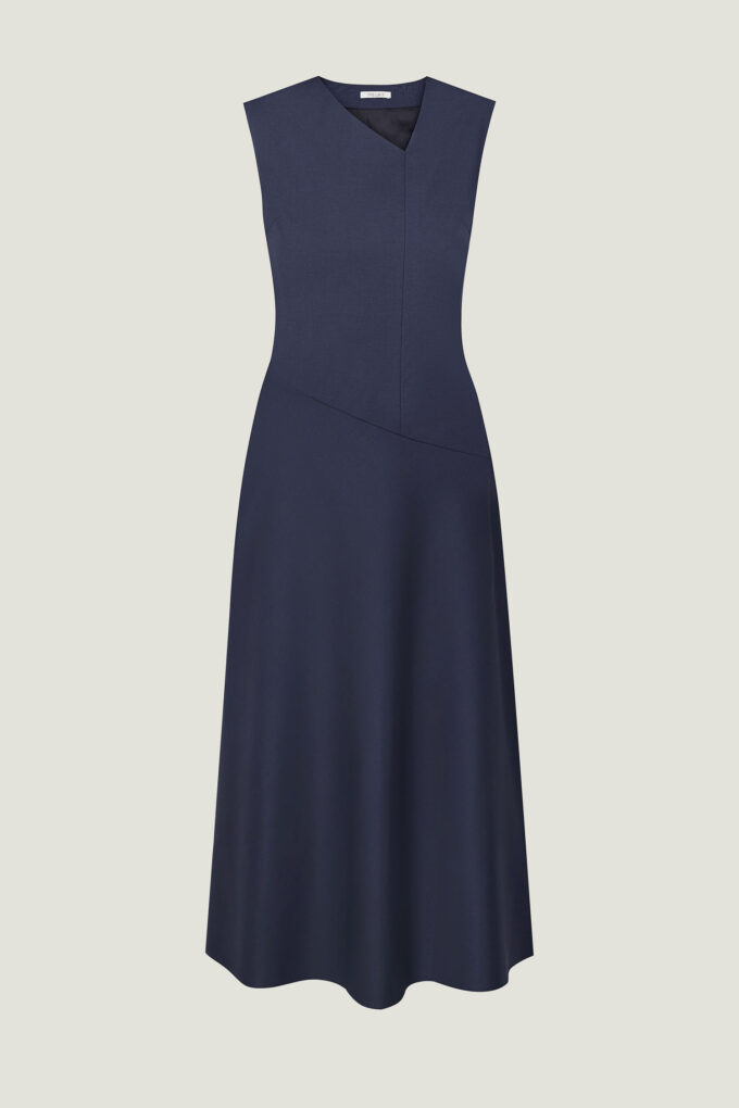 Semi-fitted dress with an asymmetric neckline in dark blue photo 5