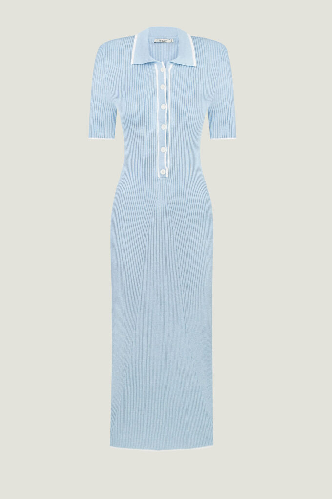 Blue knitted midi dress with milky edging photo 8