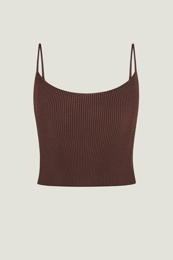 Knitted cropped top with thin straps in chocolate photo 6