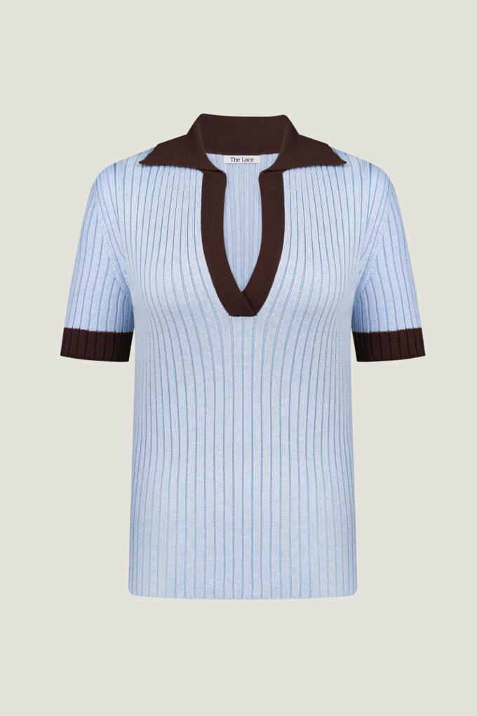 Blue polo jumper with chocolate insert photo 6