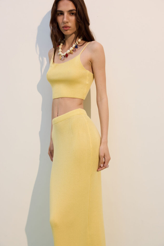 Knitted cropped top with thin straps in lemon photo 3
