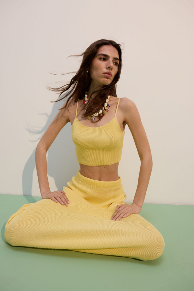 Knitted cropped top with thin straps in lemon photo 4