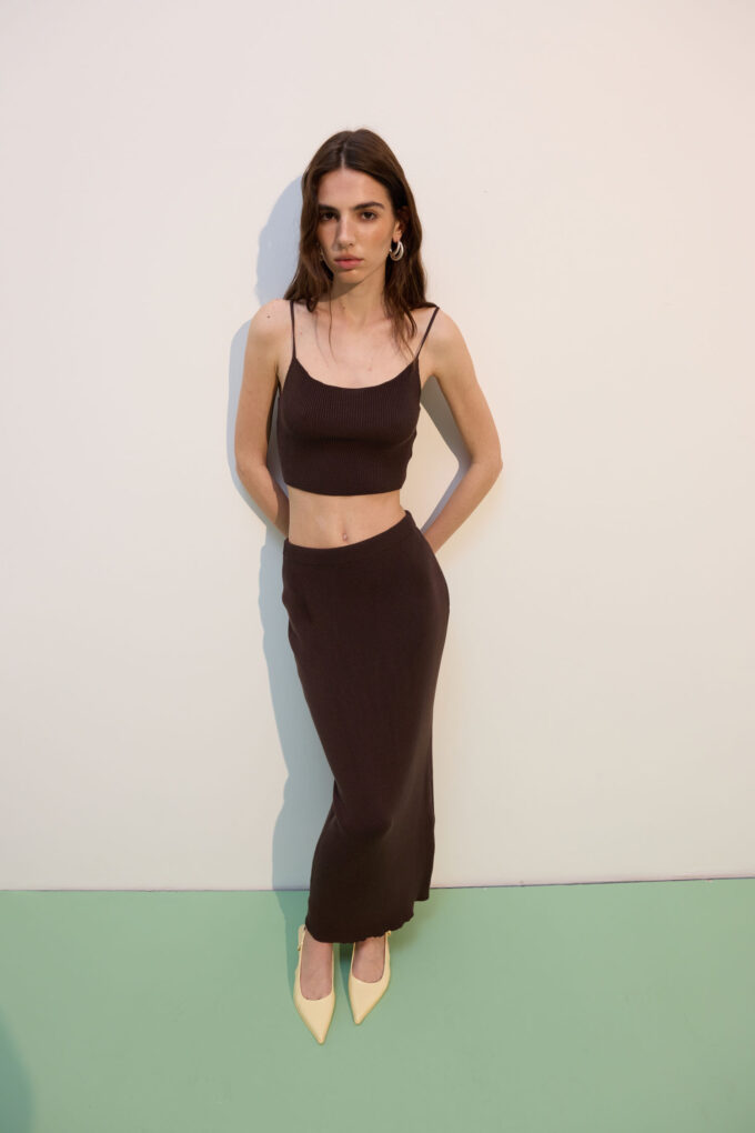 Knitted cropped top with thin straps in chocolate photo 2
