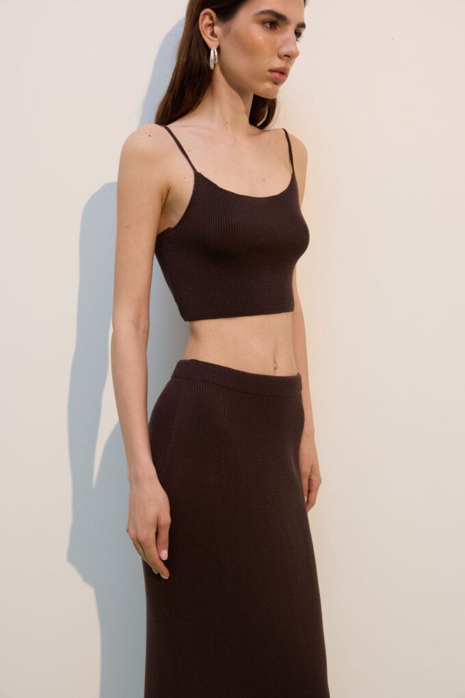 Knitted cropped top with thin straps in chocolate photo 3