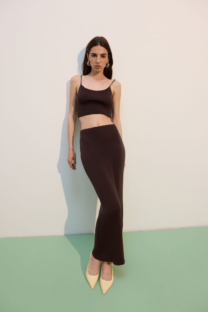 Knitted cropped top with thin straps in chocolate photo 4