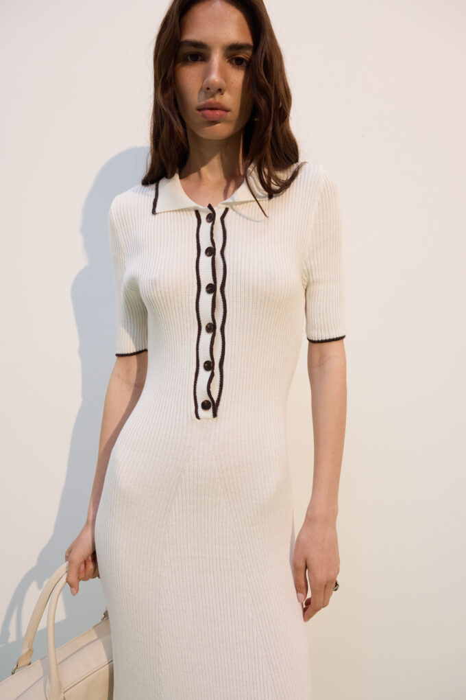 Milk knitted midi dress with chocolate edging photo 2