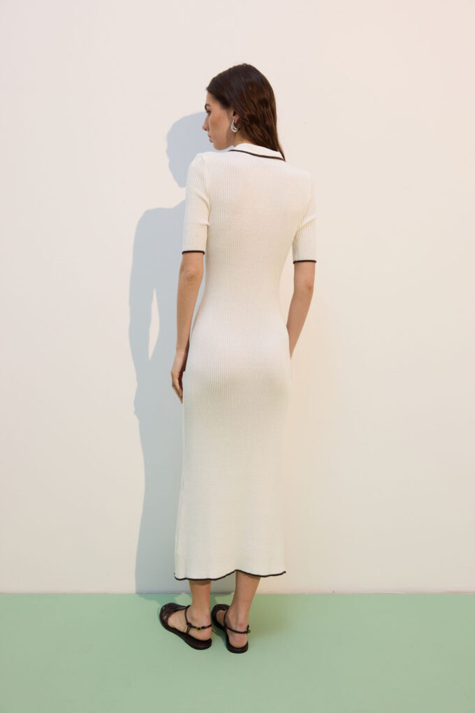 Milk knitted midi dress with chocolate edging photo 5
