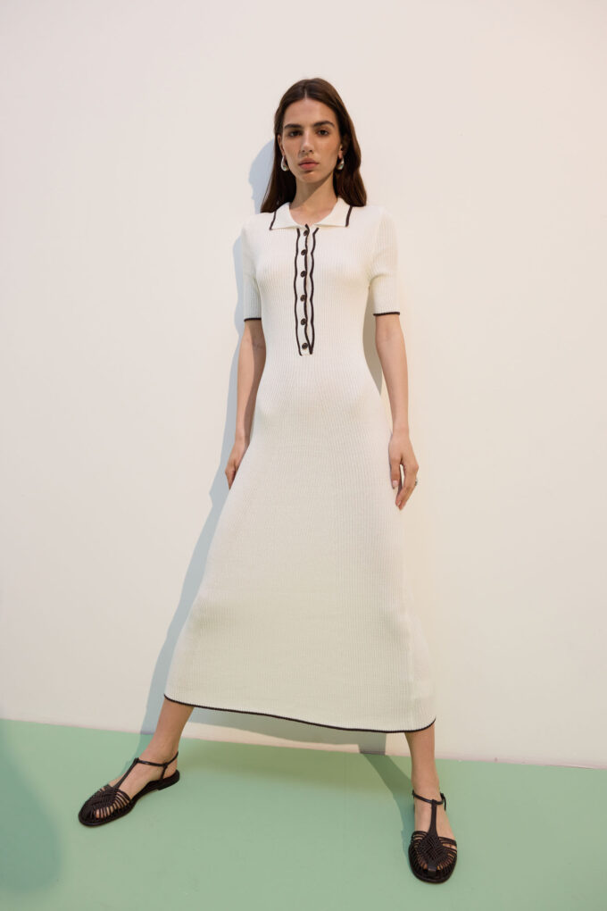 Milk knitted midi dress with chocolate edging photo 6