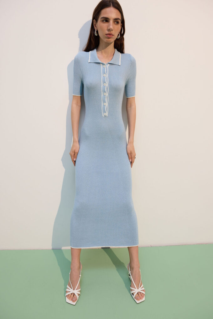 Blue knitted midi dress with milky edging photo 7