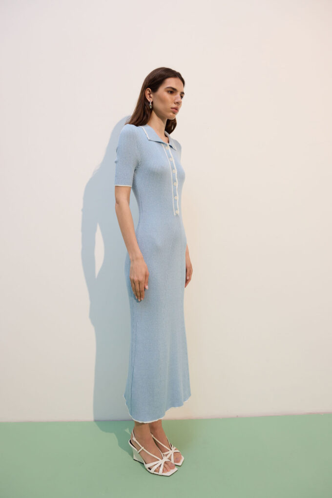 Blue knitted midi dress with milky edging photo 5