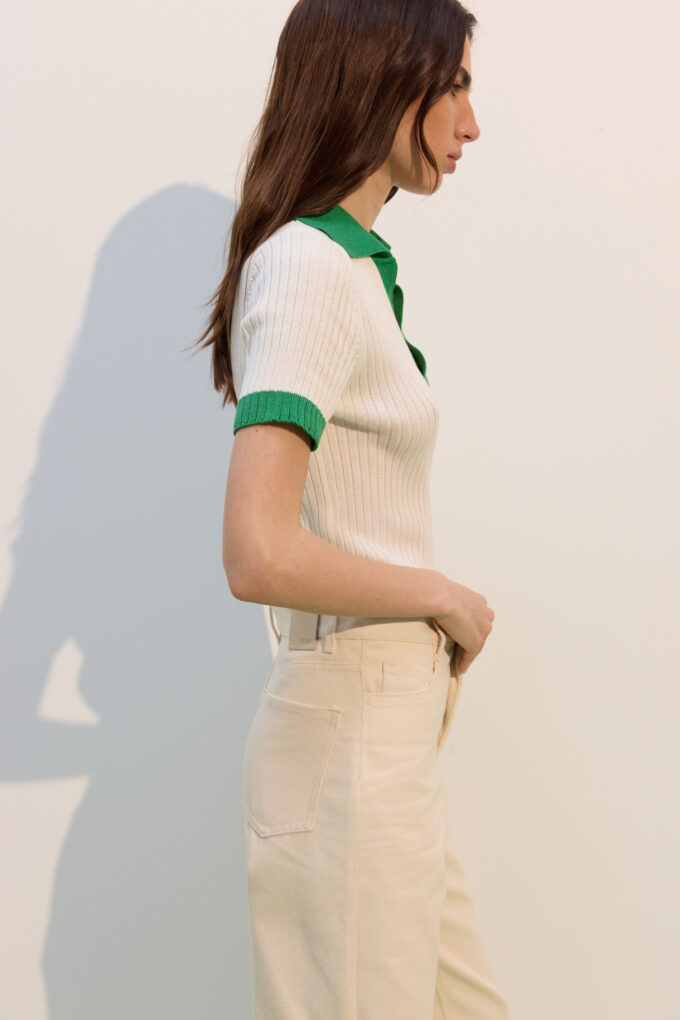 Milk polo jumper with green insert photo 2