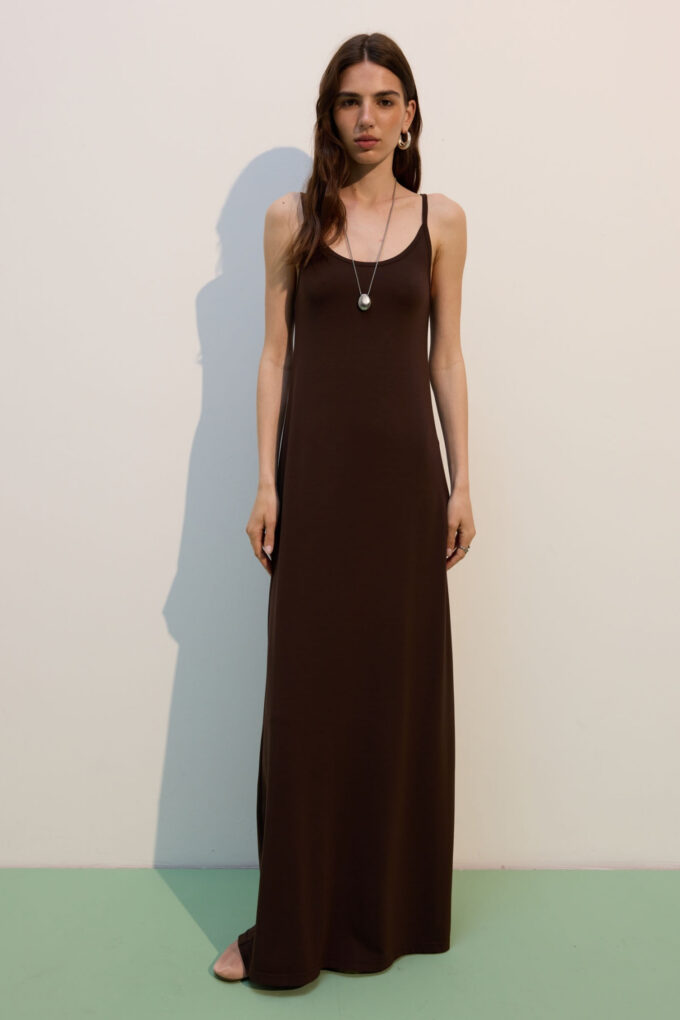 Chocolate knitted maxi sundress with thin straps photo 3