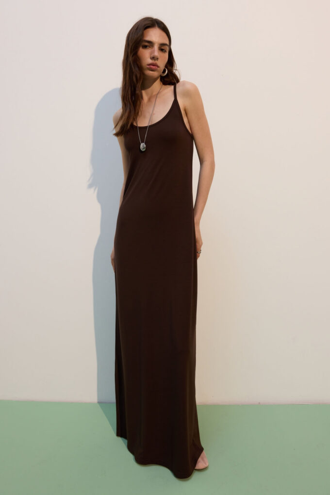 Chocolate knitted maxi sundress with thin straps photo 4