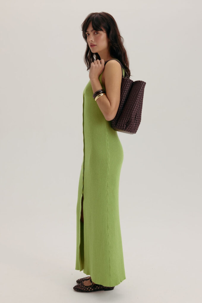 Knitted maxi sundress with buttons in matcha photo 3