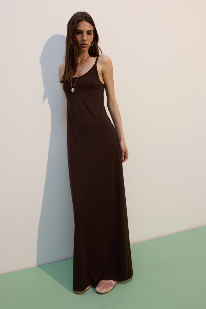 Chocolate knitted maxi sundress with thin straps photo 5