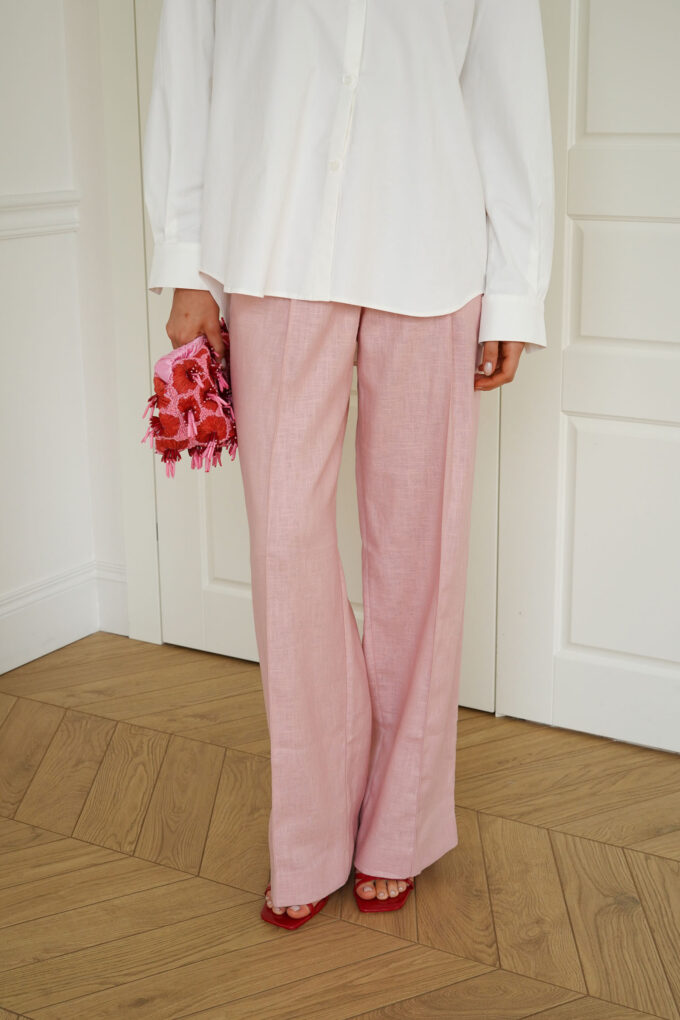 Straight-cut trousers made of thick linen in pink photo 5